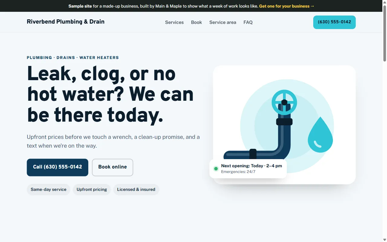 Sample website for Riverbend Plumbing & Drain, a made-up plumbing business